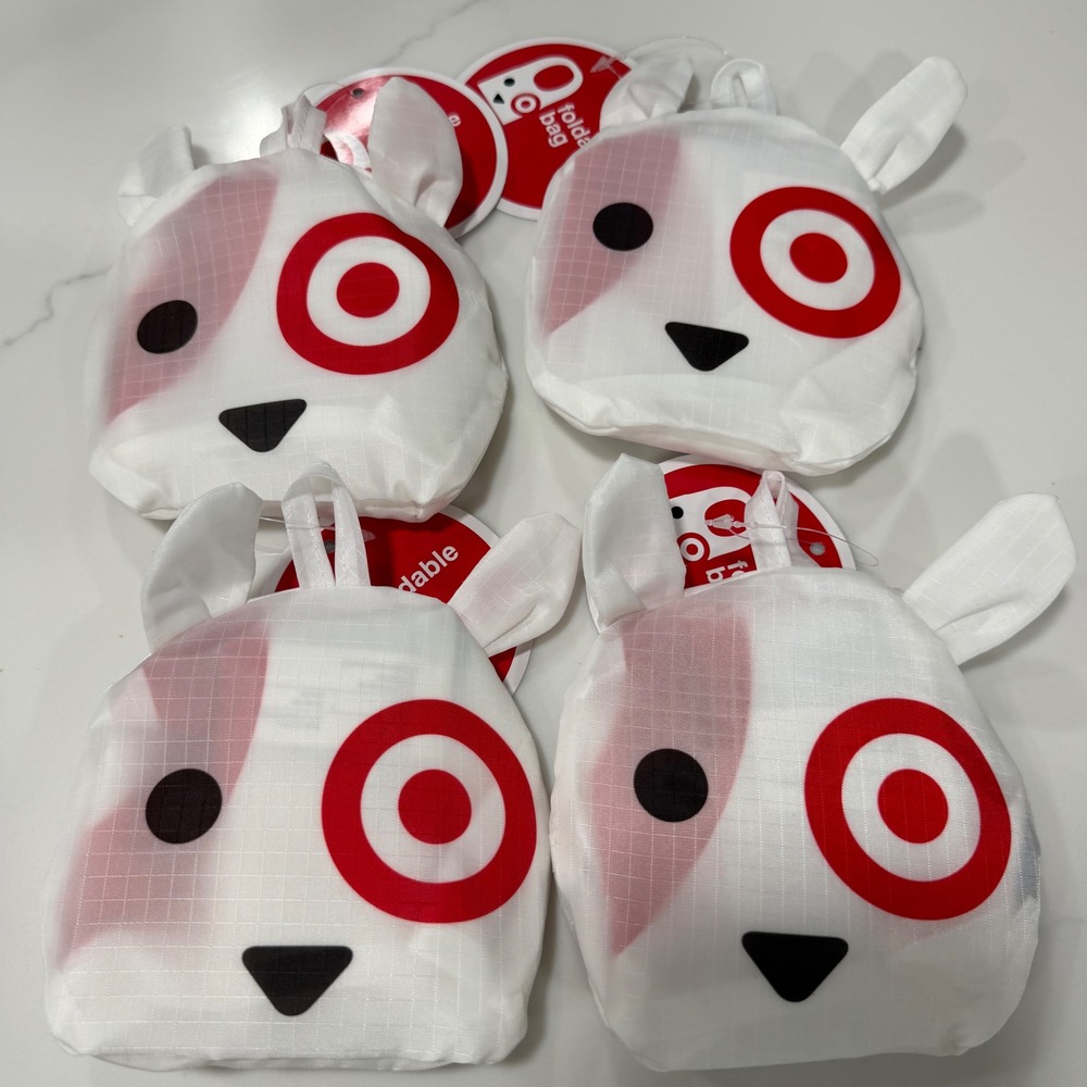 Set of 4 Target Bullseye Dog Foldable Reusable Tote Bags White Red 16x20 New